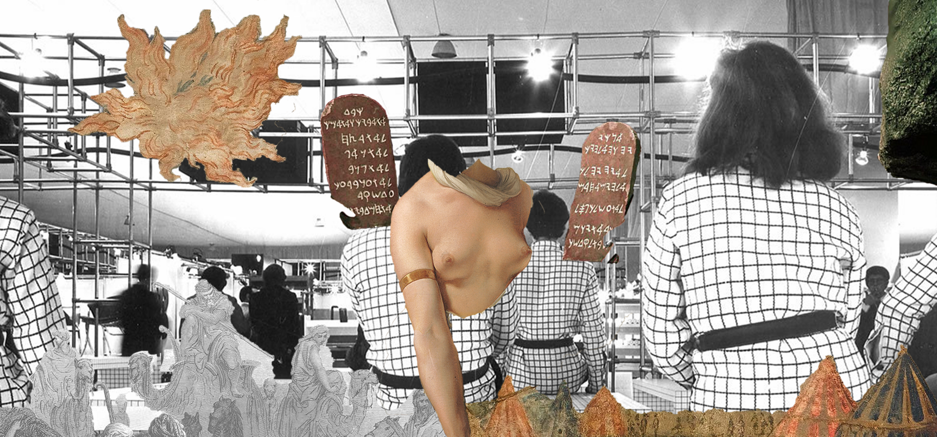 A collage of colorful and black and white elements. The centre is a section of an upper body with breasts.