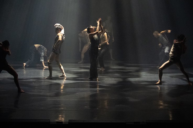 Gruppe von Performer:innen auf dunkler Bühne, die sich in verschiedenen Posen bewegen; von oben fällt ein gebündelter Lichtstrahl auf die Szene.